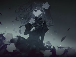 Preview wallpaper girl, dress, flowers, black and white, anime