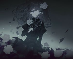 Preview wallpaper girl, dress, flowers, black and white, anime