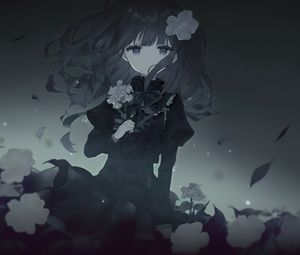 Preview wallpaper girl, dress, flowers, black and white, anime