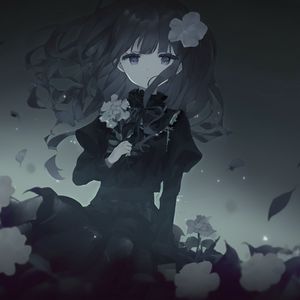 Preview wallpaper girl, dress, flowers, black and white, anime