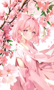 Preview wallpaper girl, dress, flowers, pink, anime