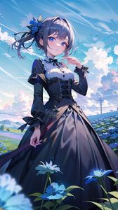 Preview wallpaper girl, dress, flowers, field, anime