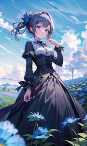 Preview wallpaper girl, dress, flowers, field, anime