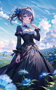 Preview wallpaper girl, dress, flowers, field, anime