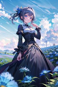 Preview wallpaper girl, dress, flowers, field, anime