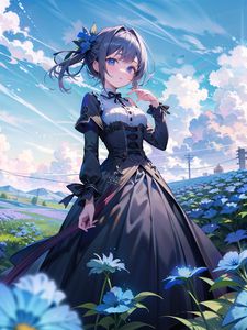 Preview wallpaper girl, dress, flowers, field, anime