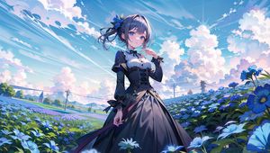 Preview wallpaper girl, dress, flowers, field, anime