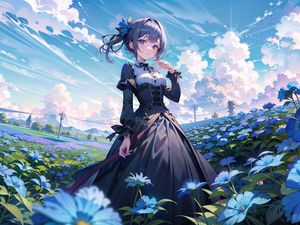 Preview wallpaper girl, dress, flowers, field, anime