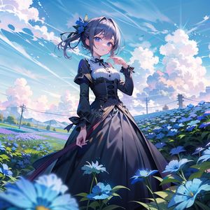 Preview wallpaper girl, dress, flowers, field, anime