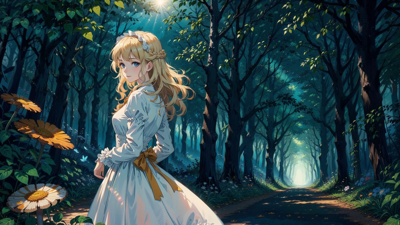 Wallpaper girl, dress, forest, trees, anime, art