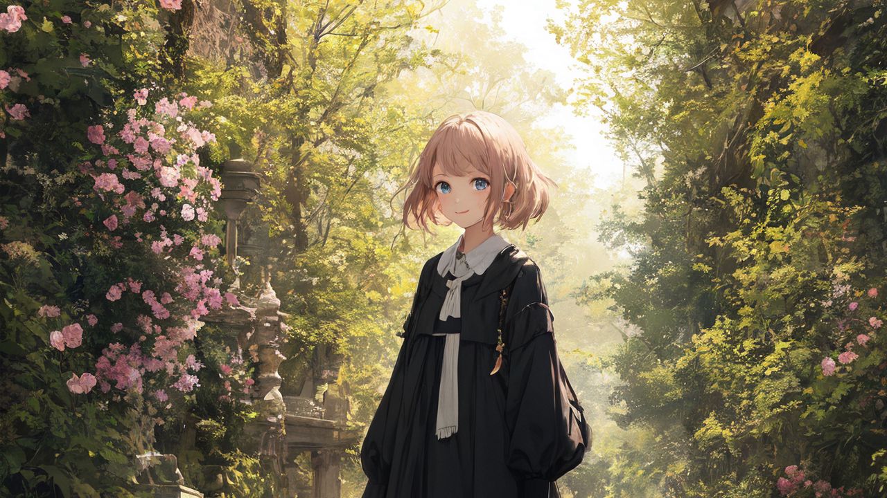 Wallpaper girl, dress, garden, trees, flowers, anime, art