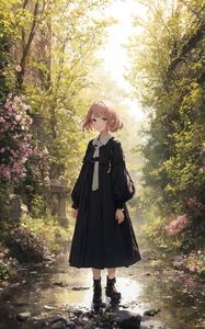 Preview wallpaper girl, dress, garden, trees, flowers, anime, art