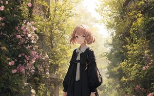 Preview wallpaper girl, dress, garden, trees, flowers, anime, art