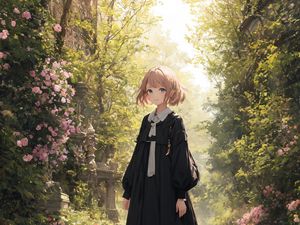 Preview wallpaper girl, dress, garden, trees, flowers, anime, art
