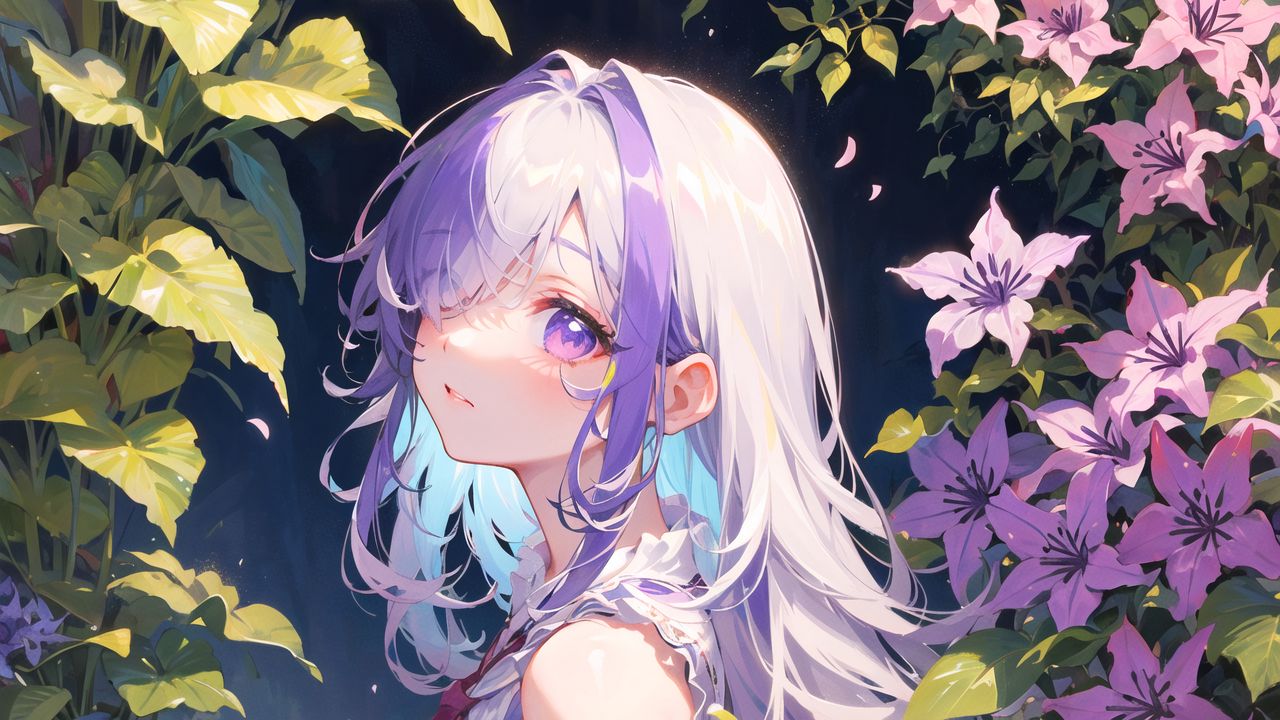 Wallpaper girl, dress, glance, flowers, leaves, anime