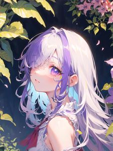 Preview wallpaper girl, dress, glance, flowers, leaves, anime