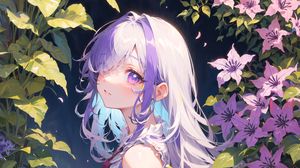 Preview wallpaper girl, dress, glance, flowers, leaves, anime