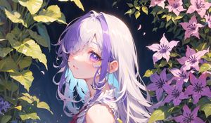 Preview wallpaper girl, dress, glance, flowers, leaves, anime