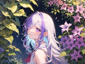 Preview wallpaper girl, dress, glance, flowers, leaves, anime