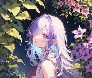 Preview wallpaper girl, dress, glance, flowers, leaves, anime