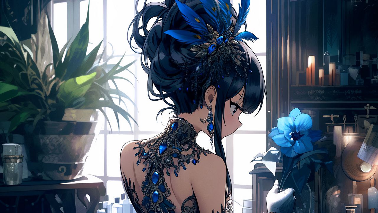 Wallpaper girl, dress, hairpin, jewelry, flower, blue, anime