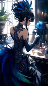 Preview wallpaper girl, dress, hairpin, jewelry, flower, blue, anime