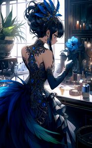 Preview wallpaper girl, dress, hairpin, jewelry, flower, blue, anime