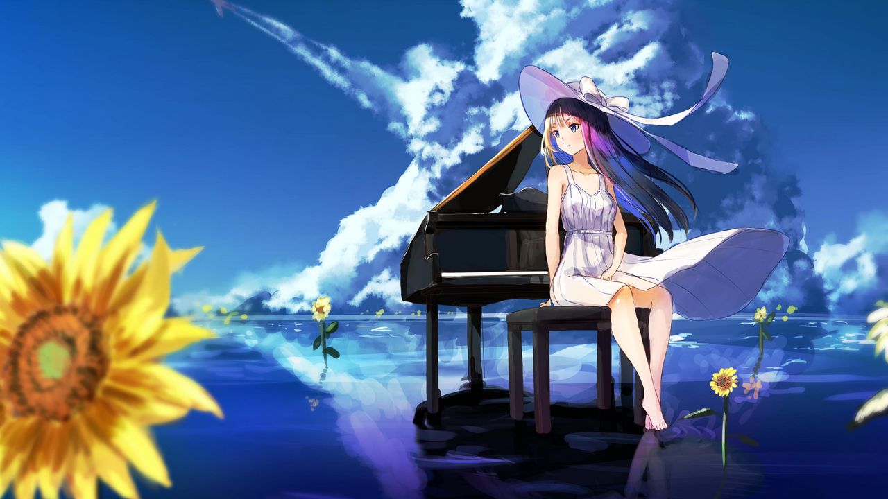 Wallpaper girl, dress, hat, piano, anime hd, picture, image