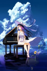 Preview wallpaper girl, dress, hat, piano, anime