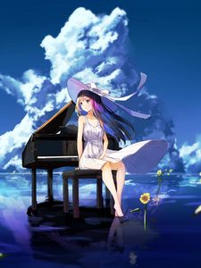 Preview wallpaper girl, dress, hat, piano, anime