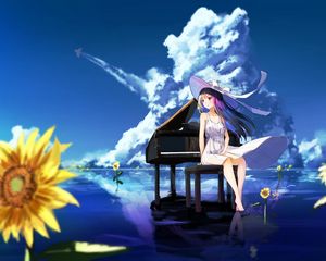 Preview wallpaper girl, dress, hat, piano, anime