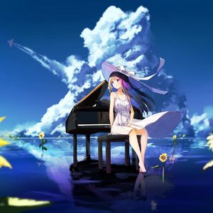 Preview wallpaper girl, dress, hat, piano, anime