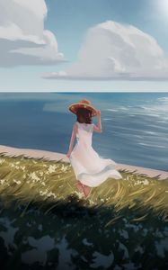 Preview wallpaper girl, dress, hat, summer, coast, sea, anime