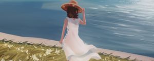 Preview wallpaper girl, dress, hat, summer, coast, sea, anime