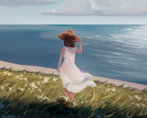 Preview wallpaper girl, dress, hat, summer, coast, sea, anime