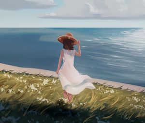 Preview wallpaper girl, dress, hat, summer, coast, sea, anime