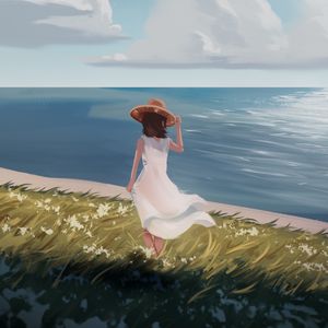 Preview wallpaper girl, dress, hat, summer, coast, sea, anime