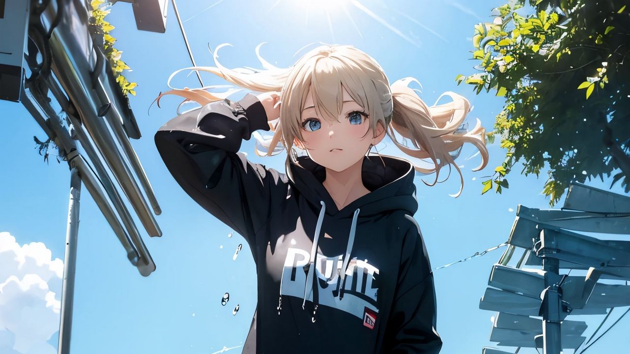 Wallpaper girl, dress, hoodie, street, anime, art