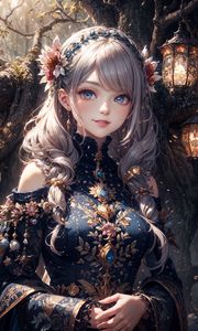 Preview wallpaper girl, dress, jewelry, blue, flower, anime, art
