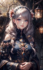 Preview wallpaper girl, dress, jewelry, blue, flower, anime, art