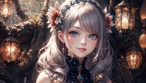 Preview wallpaper girl, dress, jewelry, blue, flower, anime, art