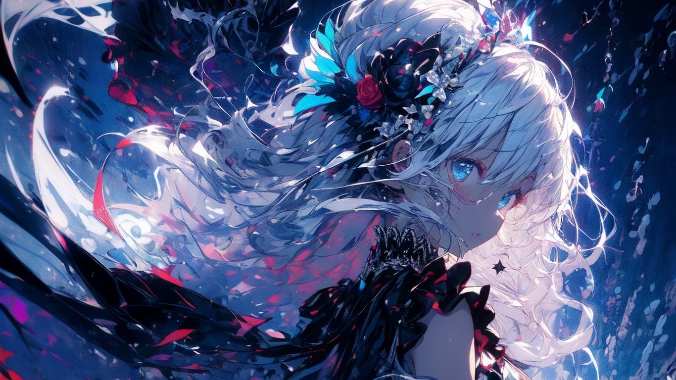 Download wallpaper 1366x768 girl, dress, jewelry, bouquet, anime, art ...