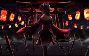 Preview wallpaper girl, dress, ninja, lanterns, anime, art