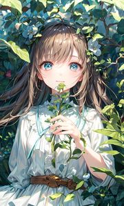 Preview wallpaper girl, dress, leaves, bushes, anime