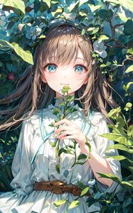 Preview wallpaper girl, dress, leaves, bushes, anime