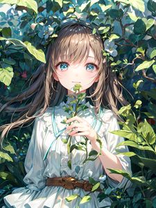 Preview wallpaper girl, dress, leaves, bushes, anime