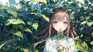 Preview wallpaper girl, dress, leaves, bushes, anime