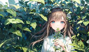 Preview wallpaper girl, dress, leaves, bushes, anime
