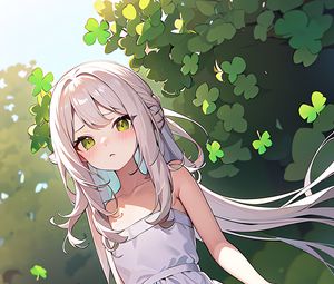 Preview wallpaper girl, dress, leaves, summer, anime