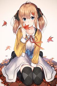 Preview wallpaper girl, dress, maple, leaves, anime